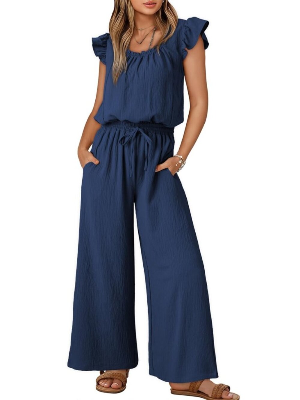 Jumpsuits for Women 2026 Summer Ruffle Sleeves Square Neck Rompers Drawstring